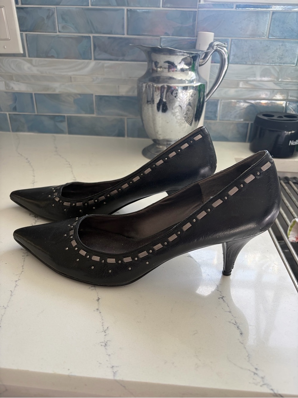 Nine West Black Pointed Toe Mid Kitten Heels with Stud Accents